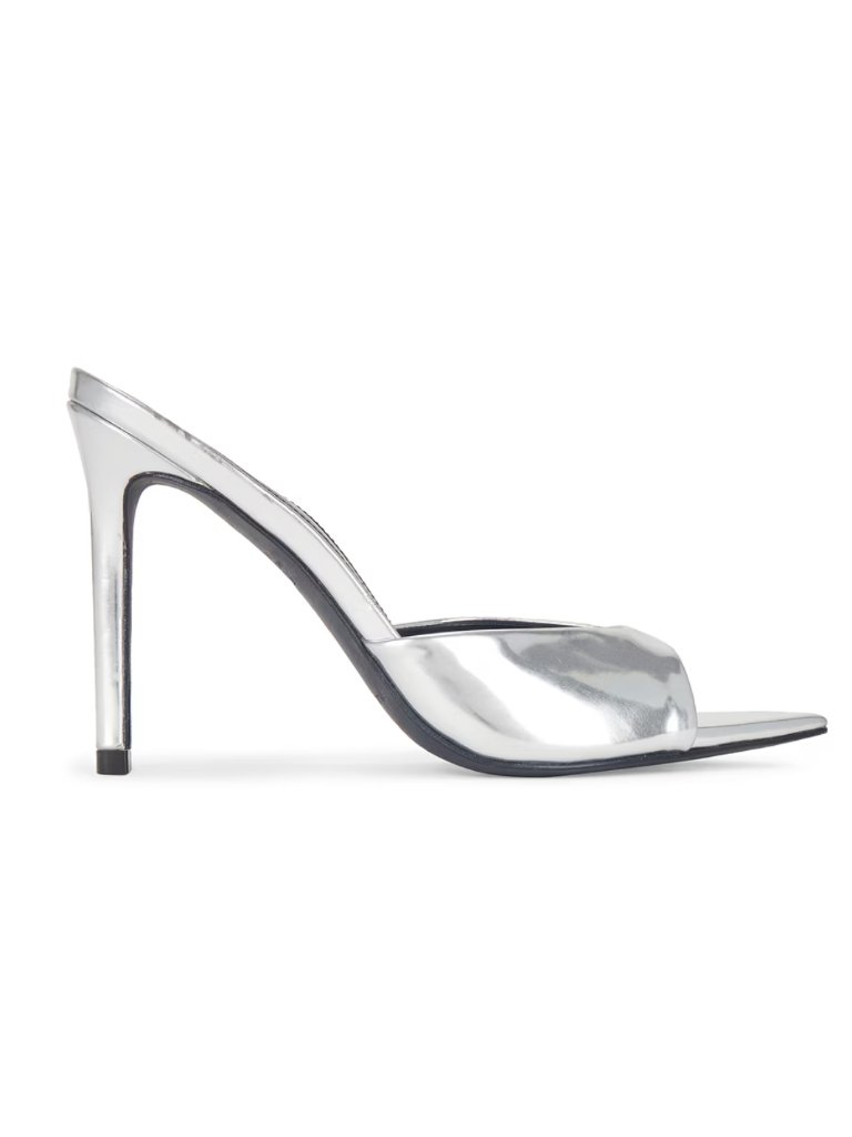 Black Suede Studio Brea Mule In Silver Mirror Metallic Heeled Sandal Heels